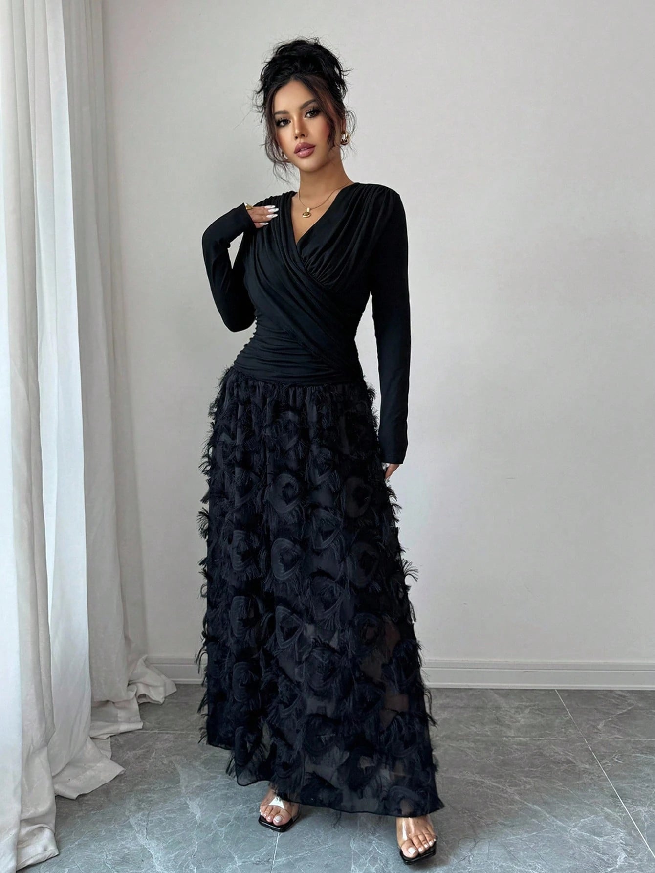 Rafferiza Elegant V-Neck Ruched Textured Patchwork Dress For Resort/Holiday Wear Fall Cloth For Women