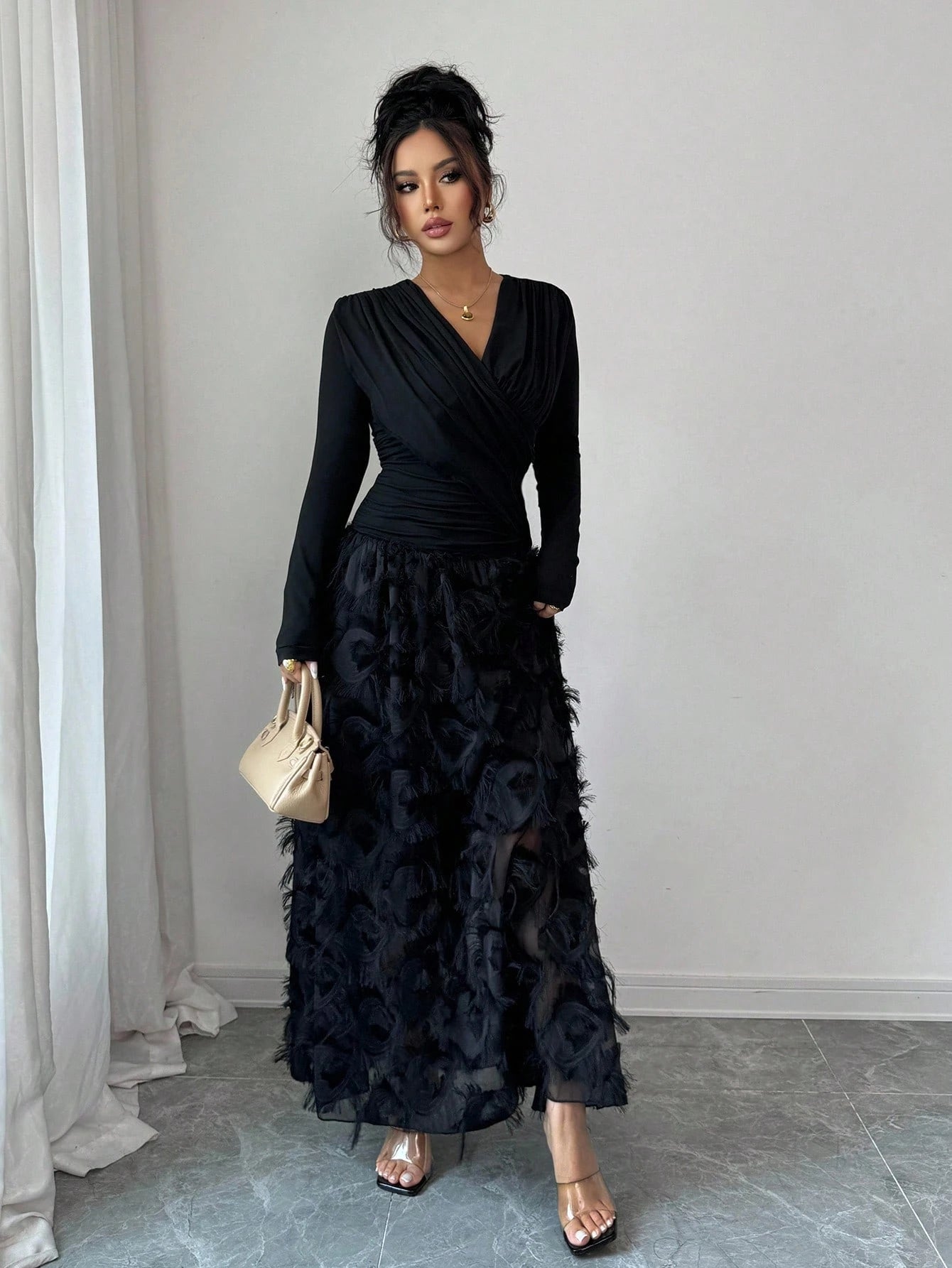 Rafferiza Elegant V-Neck Ruched Textured Patchwork Dress For Resort/Holiday Wear Fall Cloth For Women