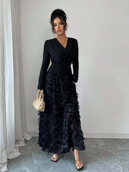 Rafferiza Elegant V-Neck Ruched Textured Patchwork Dress For Resort/Holiday Wear Fall Cloth For Women