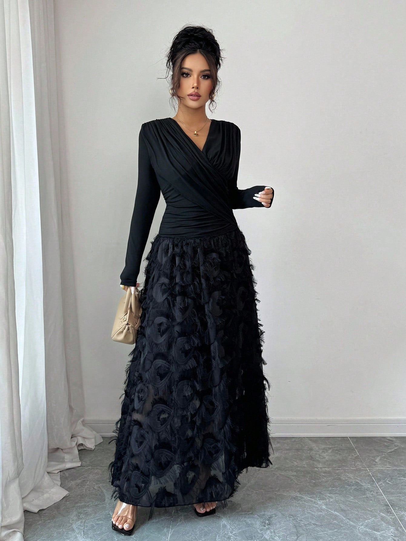 Rafferiza Elegant V-Neck Ruched Textured Patchwork Dress For Resort/Holiday Wear Fall Cloth For Women