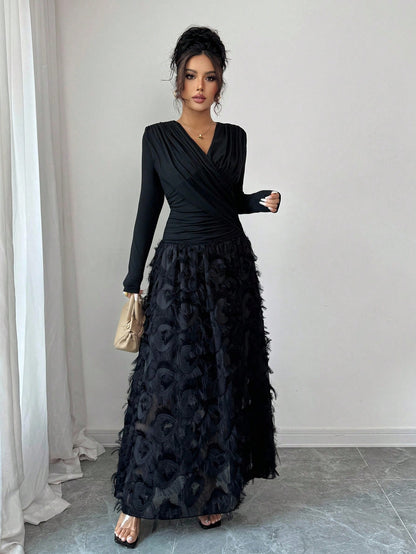 Rafferiza Elegant V-Neck Ruched Textured Patchwork Dress For Resort/Holiday Wear Fall Cloth For Women