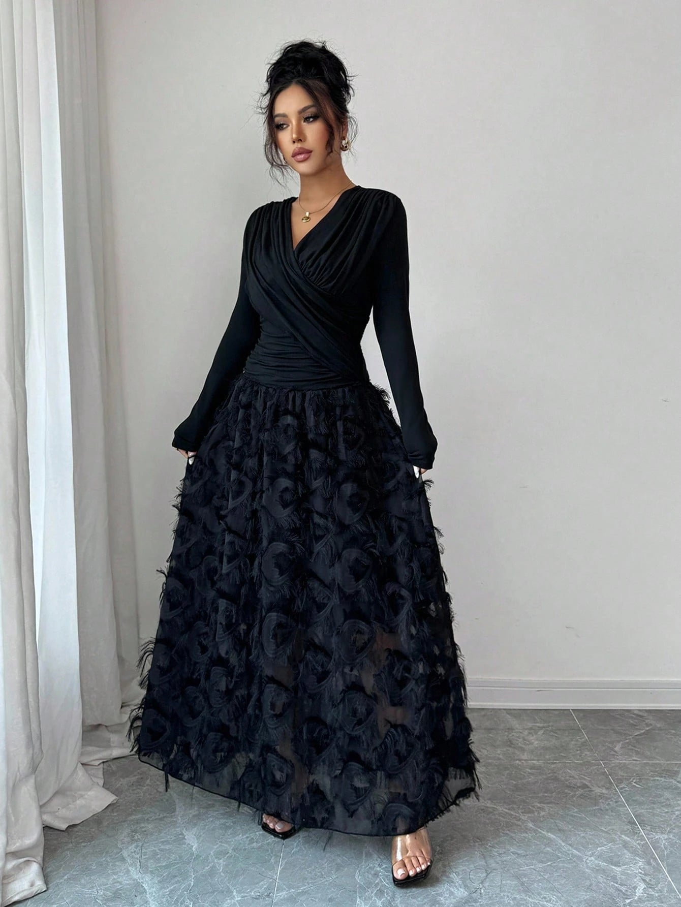 Rafferiza Elegant V-Neck Ruched Textured Patchwork Dress For Resort/Holiday Wear Fall Cloth For Women
