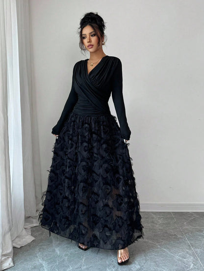 Rafferiza Elegant V-Neck Ruched Textured Patchwork Dress For Resort/Holiday Wear Fall Cloth For Women