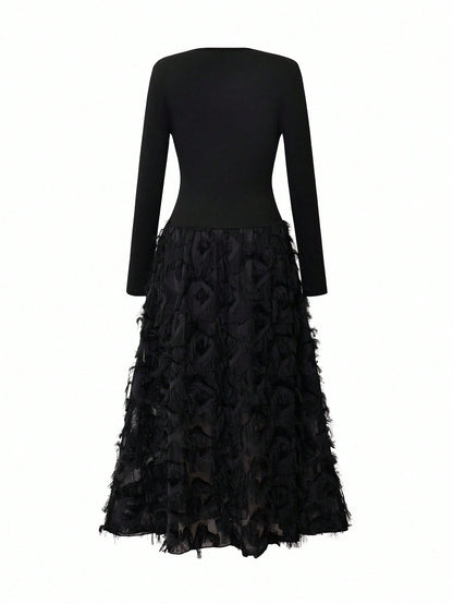 Rafferiza Elegant V-Neck Ruched Textured Patchwork Dress For Resort/Holiday Wear Fall Cloth For Women