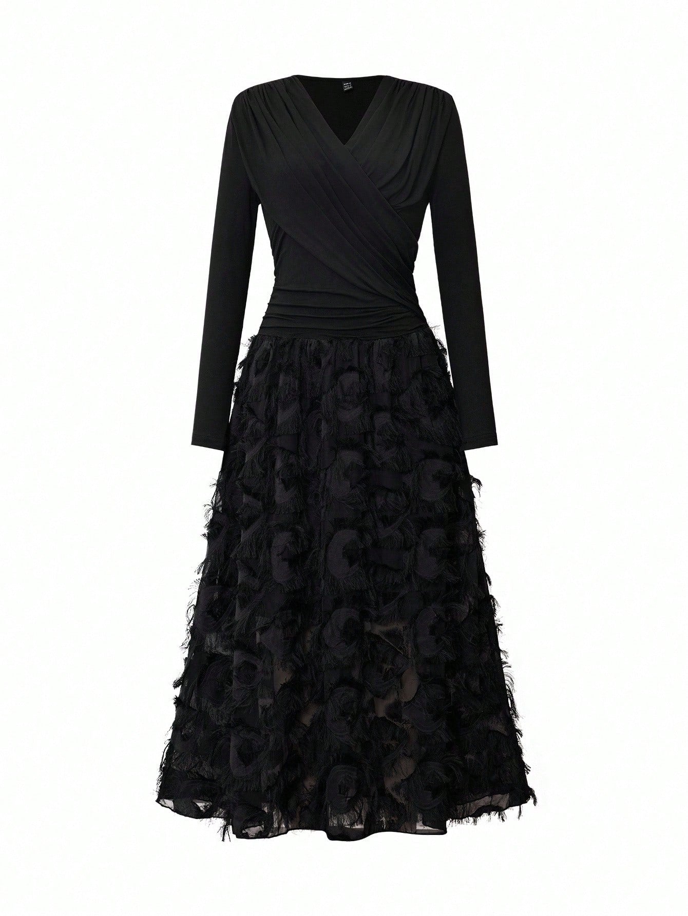 Rafferiza Elegant V-Neck Ruched Textured Patchwork Dress For Resort/Holiday Wear Fall Cloth For Women