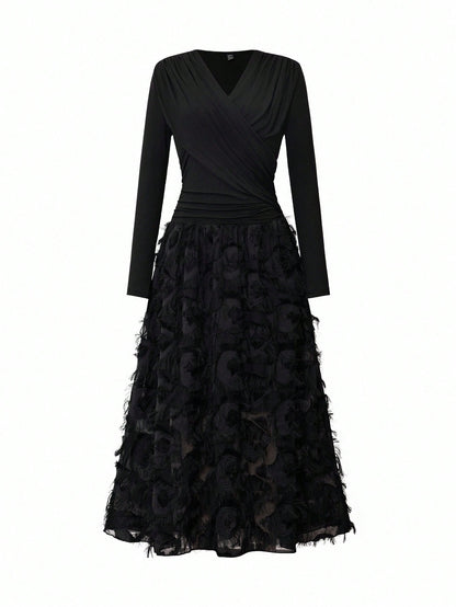 Rafferiza Elegant V-Neck Ruched Textured Patchwork Dress For Resort/Holiday Wear Fall Cloth For Women