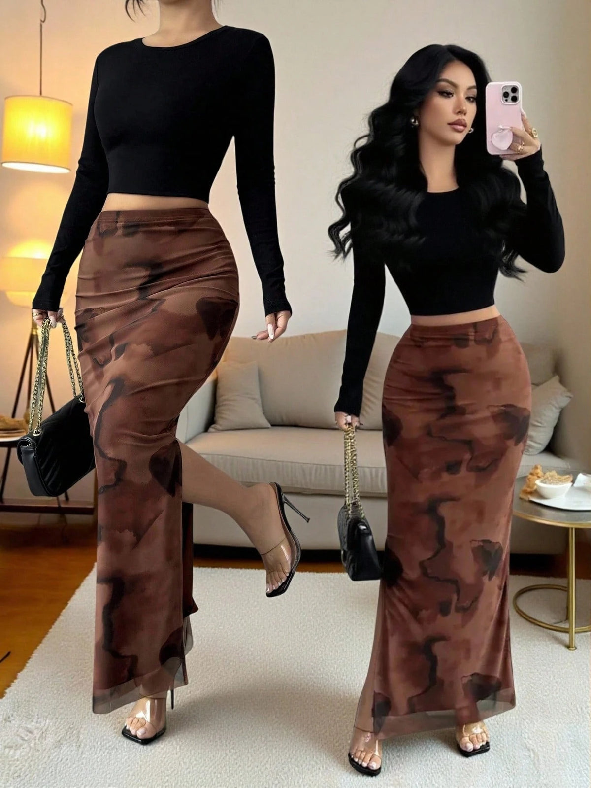 Rafferiza Women's Elegant Chaotic Stretch Mesh Tight Hip Slit Long Skirt,All Shades Of Brown,Summer,Seksi Chic,Date Night,Brown Blended Mesh Skirt,Formal Party