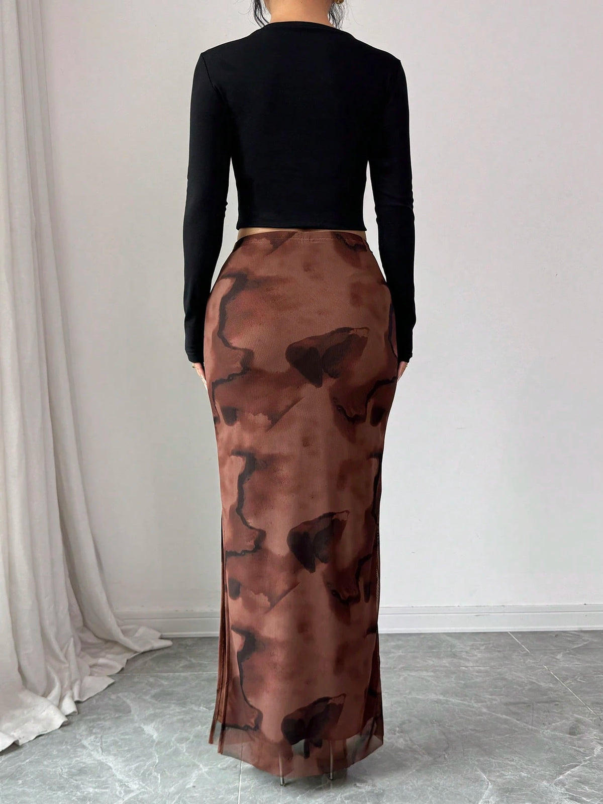 Rafferiza Women's Elegant Chaotic Stretch Mesh Tight Hip Slit Long Skirt,All Shades Of Brown,Summer,Seksi Chic,Date Night,Brown Blended Mesh Skirt,Formal Party