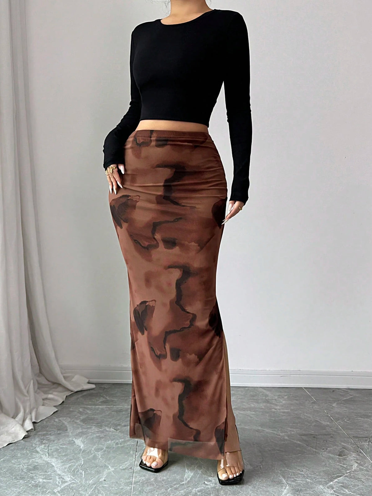 Rafferiza Women's Elegant Chaotic Stretch Mesh Tight Hip Slit Long Skirt,All Shades Of Brown,Summer,Seksi Chic,Date Night,Brown Blended Mesh Skirt,Formal Party