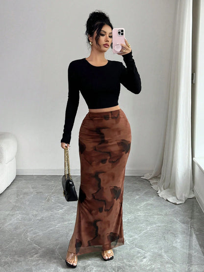 Rafferiza Women's Elegant Chaotic Stretch Mesh Tight Hip Slit Long Skirt,All Shades Of Brown,Summer,Seksi Chic,Date Night,Brown Blended Mesh Skirt,Formal Party
