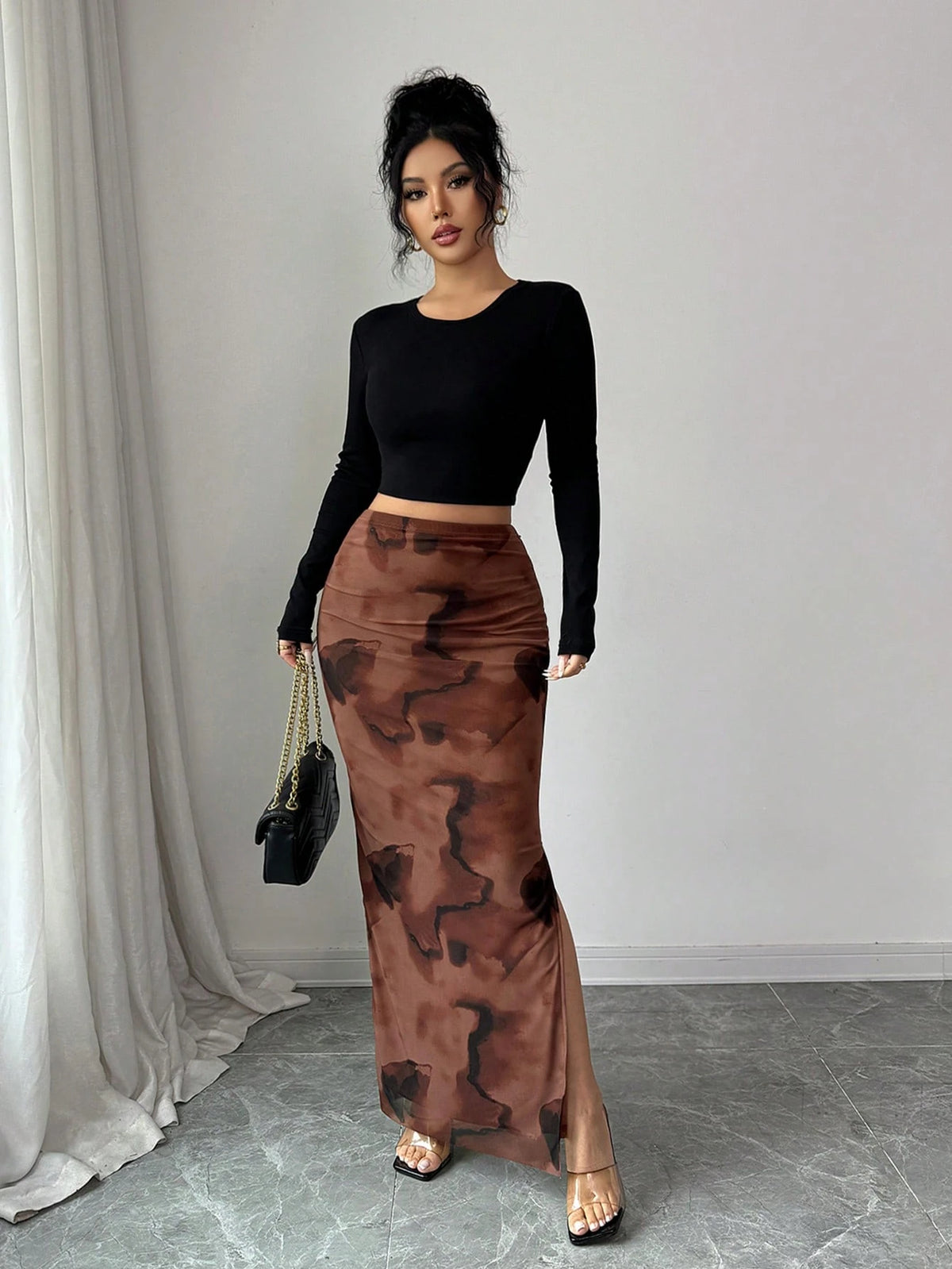 Rafferiza Women's Elegant Chaotic Stretch Mesh Tight Hip Slit Long Skirt,All Shades Of Brown,Summer,Seksi Chic,Date Night,Brown Blended Mesh Skirt,Formal Party