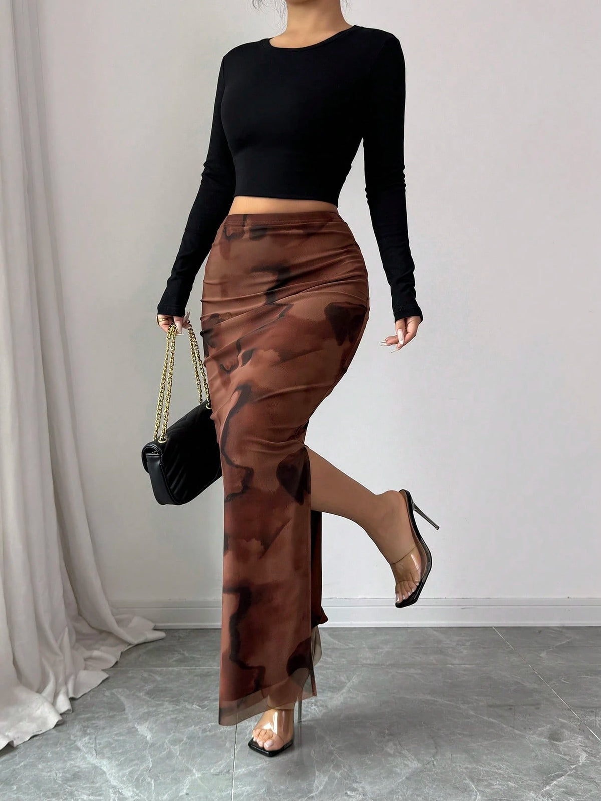 Rafferiza Women's Elegant Chaotic Stretch Mesh Tight Hip Slit Long Skirt,All Shades Of Brown,Summer,Seksi Chic,Date Night,Brown Blended Mesh Skirt,Formal Party