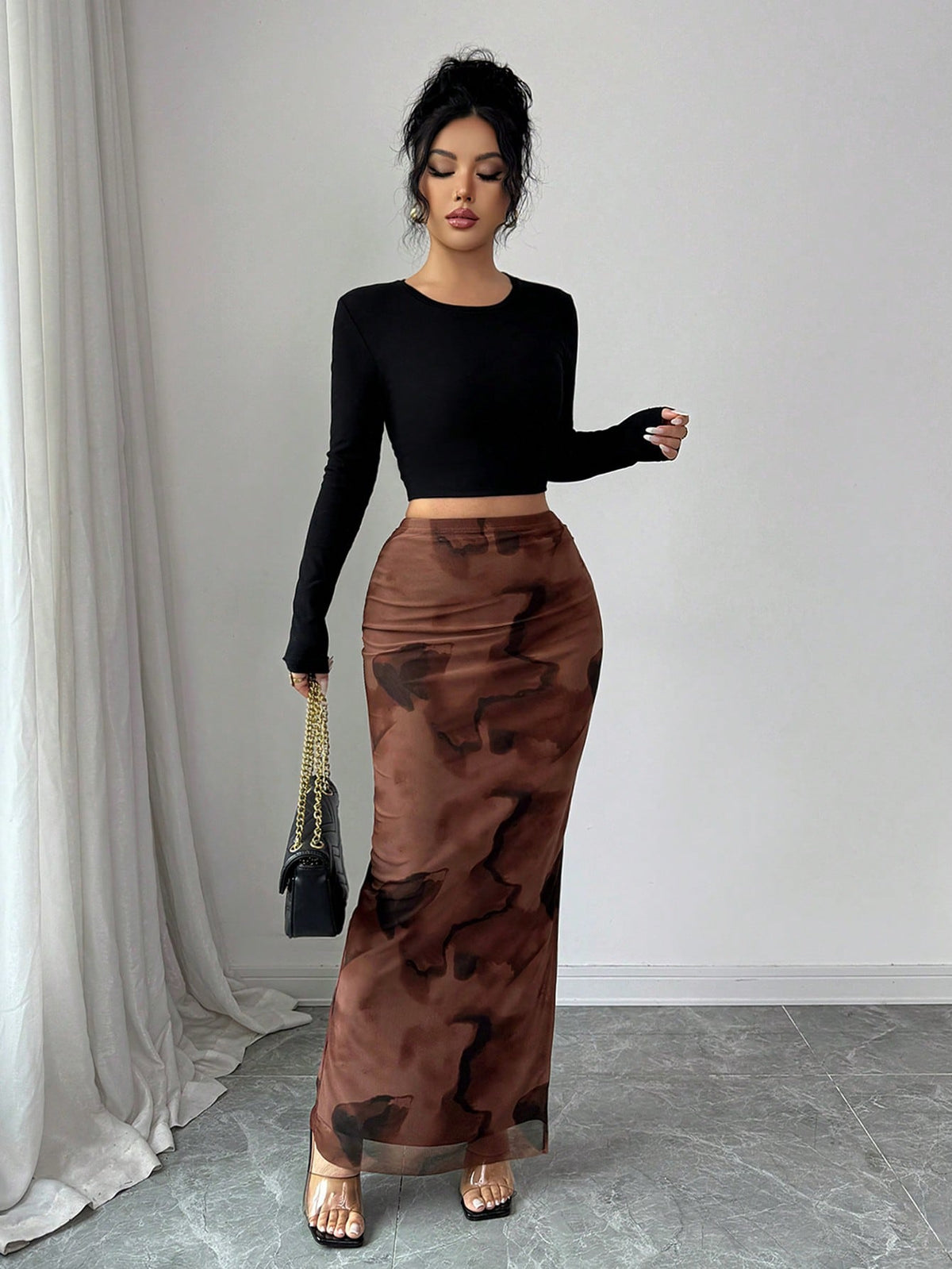 Rafferiza Women's Elegant Chaotic Stretch Mesh Tight Hip Slit Long Skirt,All Shades Of Brown,Summer,Seksi Chic,Date Night,Brown Blended Mesh Skirt,Formal Party