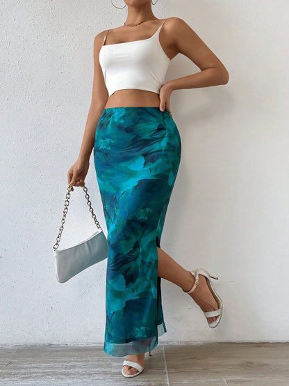 Rafferiza Women's Elegant Chaotic Stretch Mesh Tight Hip Slit Long Skirt,All Shades Of Brown,Summer,Seksi Chic,Date Night,Brown Blended Mesh Skirt,Formal Party