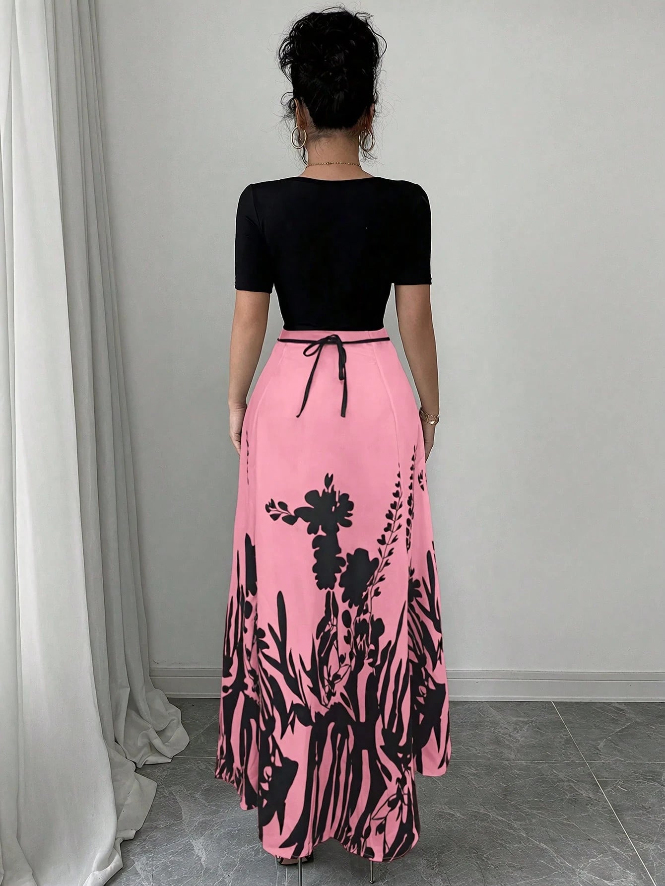 Rafferiza Women's Elegant Fitted Waist Tie Qipao Style Printed Short Sleeve Dress