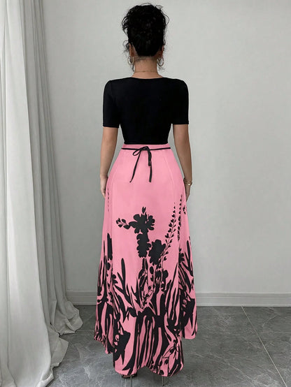 Rafferiza Women's Elegant Fitted Waist Tie Qipao Style Printed Short Sleeve Dress