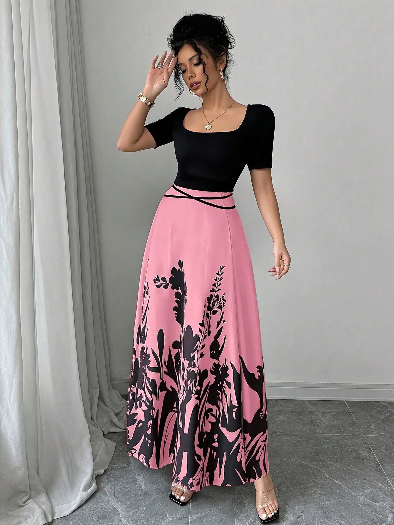 Rafferiza Women's Elegant Fitted Waist Tie Qipao Style Printed Short Sleeve Dress