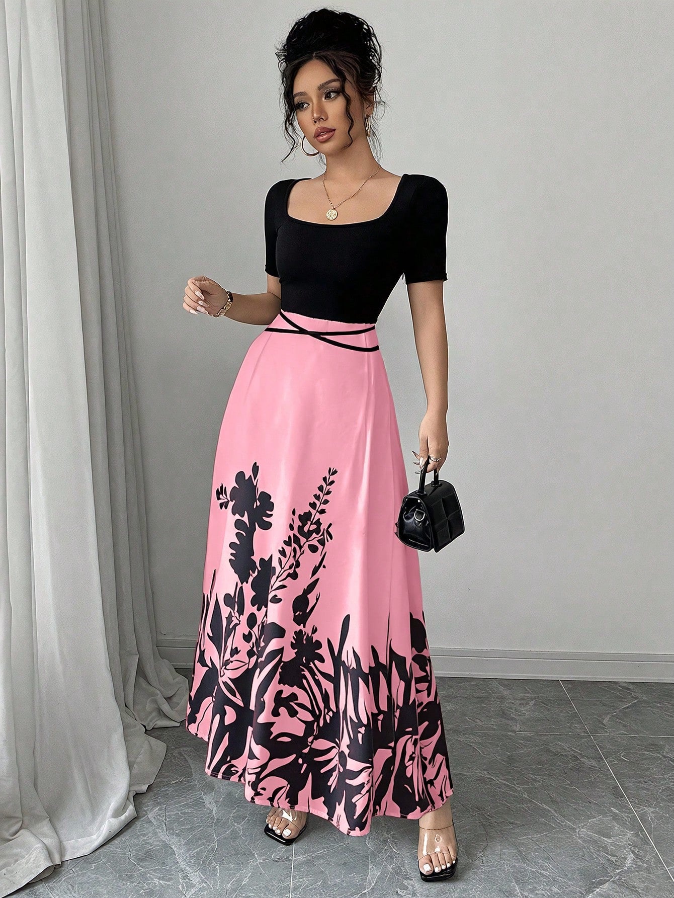 Rafferiza Women's Elegant Fitted Waist Tie Qipao Style Printed Short Sleeve Dress