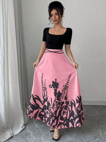 Rafferiza Women's Elegant Fitted Waist Tie Qipao Style Printed Short Sleeve Dress