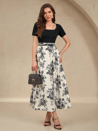 Rafferiza Women's Elegant Fitted Waist Tie Qipao Style Printed Short Sleeve Dress