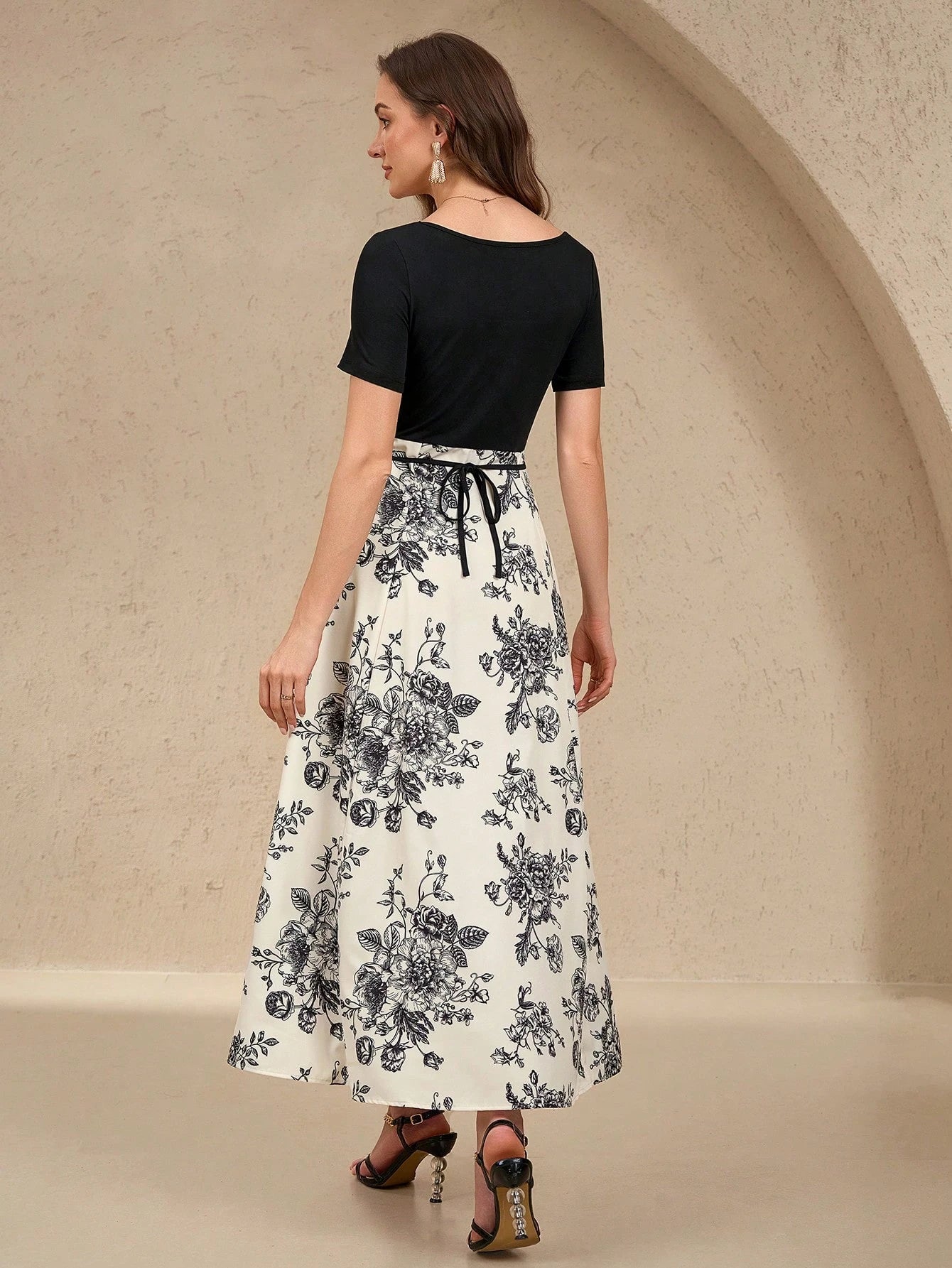 Rafferiza Women's Elegant Fitted Waist Tie Qipao Style Printed Short Sleeve Dress