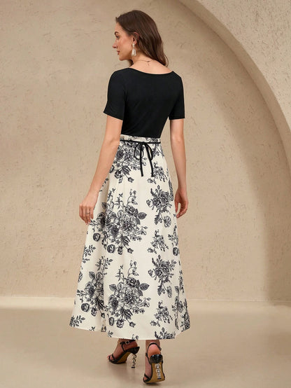 Rafferiza Women's Elegant Fitted Waist Tie Qipao Style Printed Short Sleeve Dress