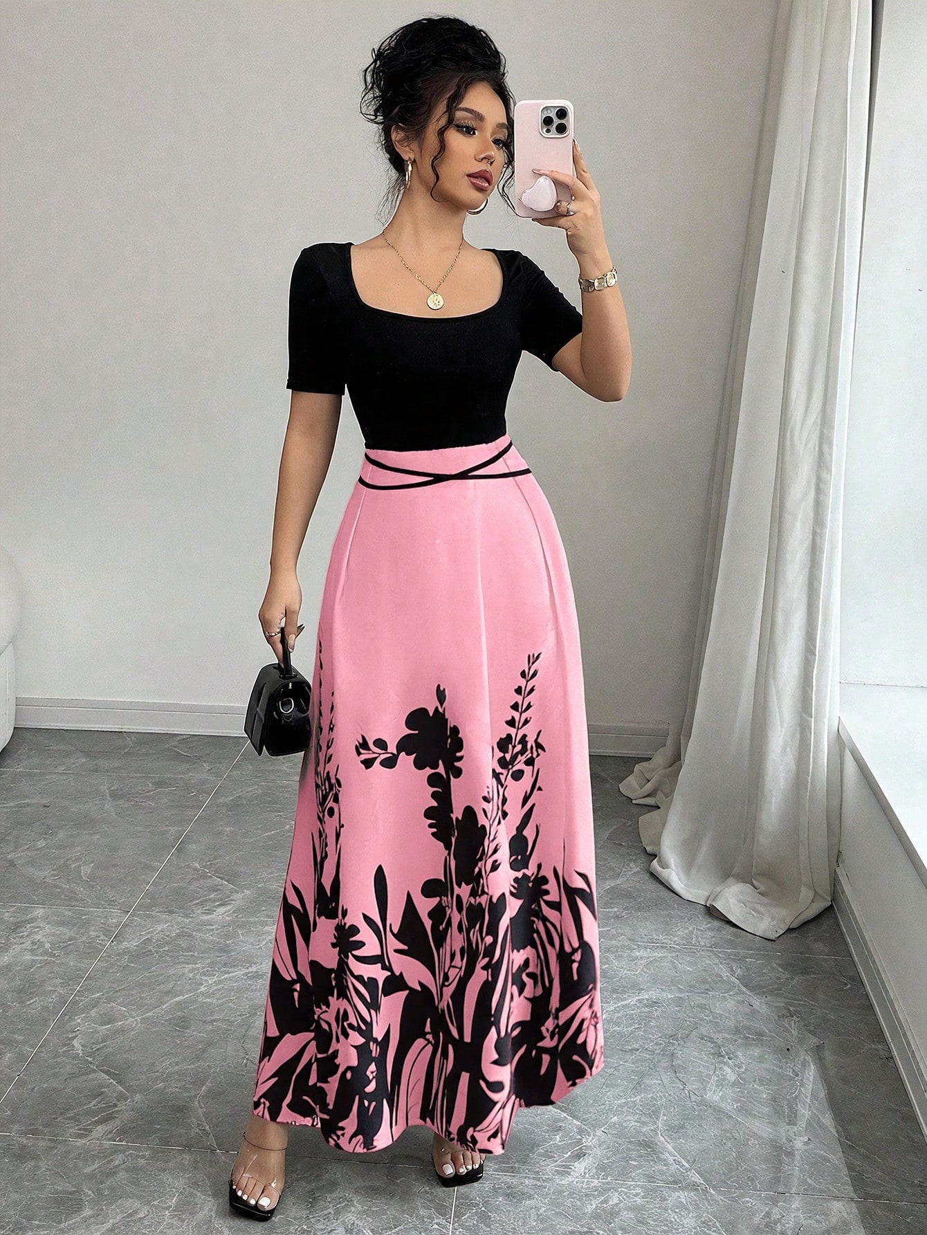 Rafferiza Women's Elegant Fitted Waist Tie Qipao Style Printed Short Sleeve Dress