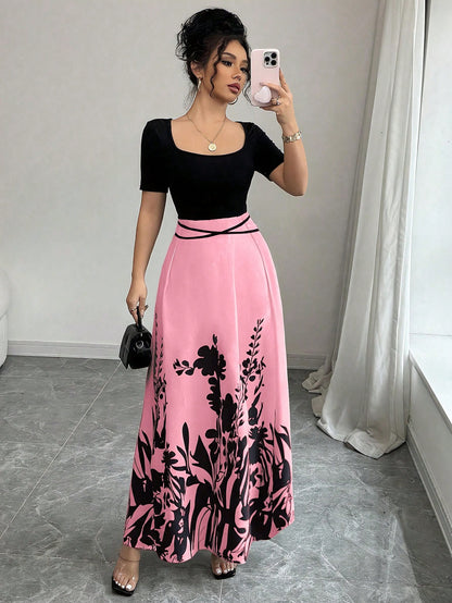 Rafferiza Women's Elegant Fitted Waist Tie Qipao Style Printed Short Sleeve Dress