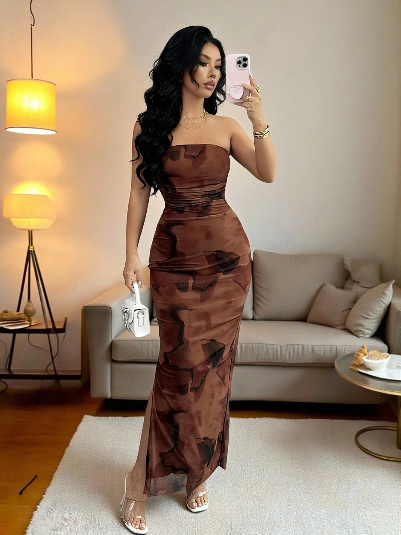 Rafferiza Women's Elegant Pleated Smudged Mesh Print Bandeau Dress,Seductive Club Night Slit Dress,Summer All Shades Of Brown Hip Wrapping Formal Party Dress