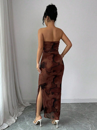Rafferiza Women's Elegant Pleated Smudged Mesh Print Bandeau Dress,Seductive Club Night Slit Dress,Summer All Shades Of Brown Hip Wrapping Formal Party Dress