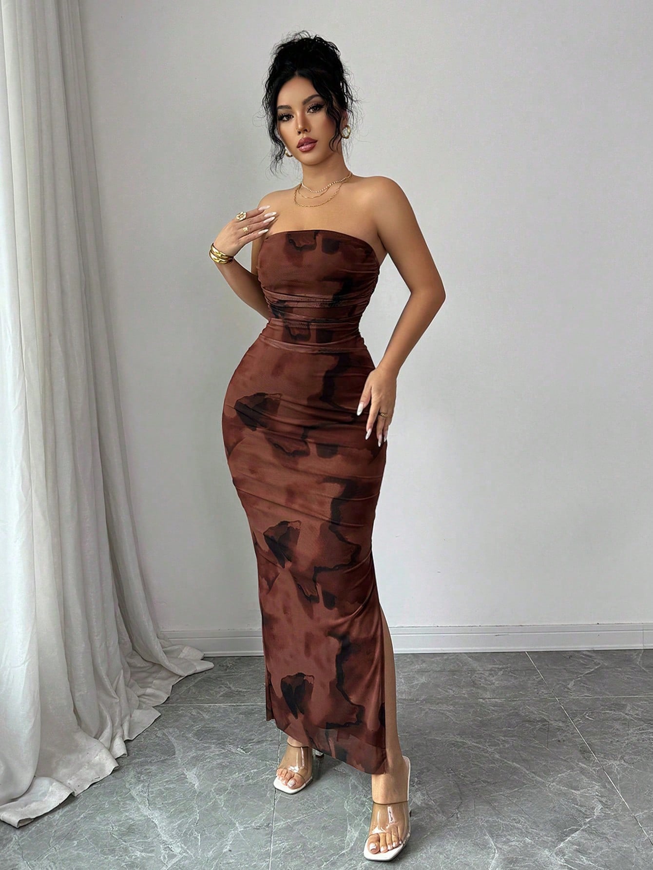 Rafferiza Women's Elegant Pleated Smudged Mesh Print Bandeau Dress,Seductive Club Night Slit Dress,Summer All Shades Of Brown Hip Wrapping Formal Party Dress
