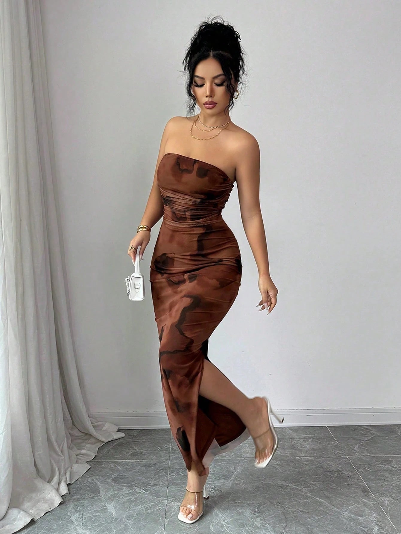 Rafferiza Women's Elegant Pleated Smudged Mesh Print Bandeau Dress,Seductive Club Night Slit Dress,Summer All Shades Of Brown Hip Wrapping Formal Party Dress