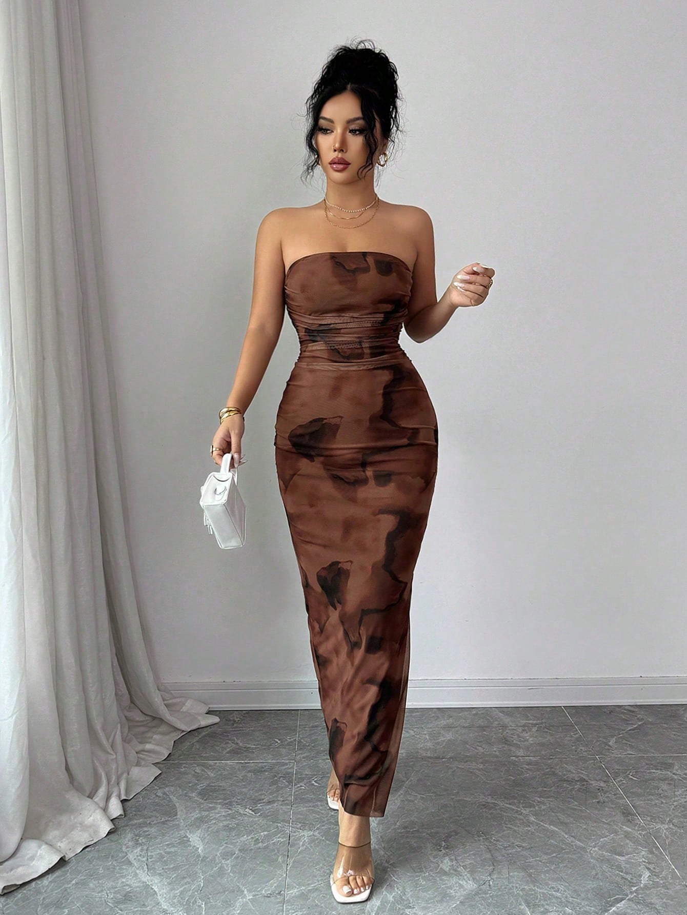 Rafferiza Women's Elegant Pleated Smudged Mesh Print Bandeau Dress,Seductive Club Night Slit Dress,Summer All Shades Of Brown Hip Wrapping Formal Party Dress