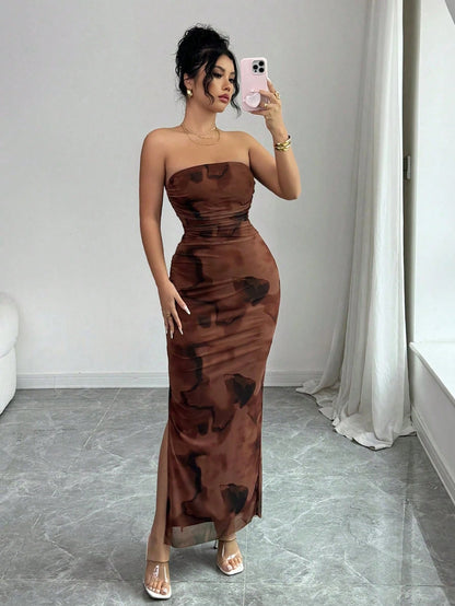 Rafferiza Women's Elegant Pleated Smudged Mesh Print Bandeau Dress,Seductive Club Night Slit Dress,Summer All Shades Of Brown Hip Wrapping Formal Party Dress