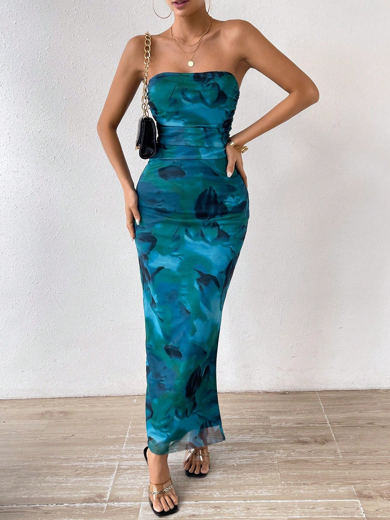 Rafferiza Women's Elegant Pleated Smudged Mesh Print Bandeau Dress,Seductive Club Night Slit Dress,Summer All Shades Of Brown Hip Wrapping Formal Party Dress