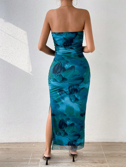 Rafferiza Women's Elegant Pleated Smudged Mesh Print Bandeau Dress,Seductive Club Night Slit Dress,Summer All Shades Of Brown Hip Wrapping Formal Party Dress