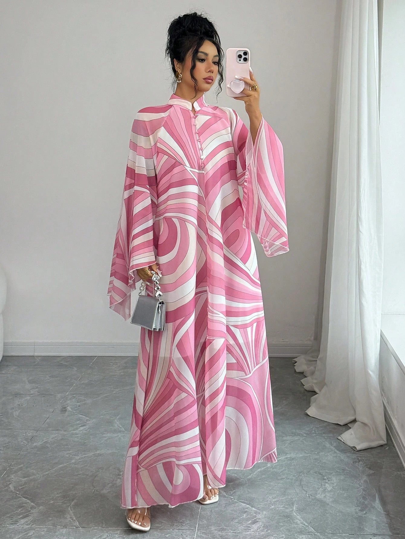 Rafferiza Women's Pink And White Summer Boho Holiday Tea Party Maxi Dress,Chiffon Geometric&Wavy Pattern Kaftan,Loose Mandarin Collar Flare Sleeve A-Line Saree
