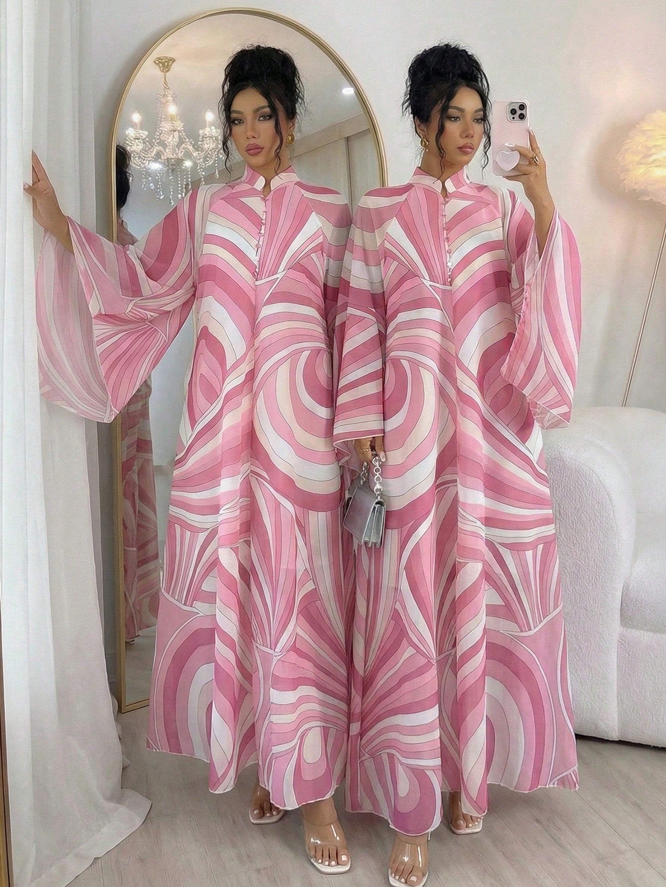 Rafferiza Women's Pink And White Summer Boho Holiday Tea Party Maxi Dress,Chiffon Geometric&Wavy Pattern Kaftan,Loose Mandarin Collar Flare Sleeve A-Line Saree
