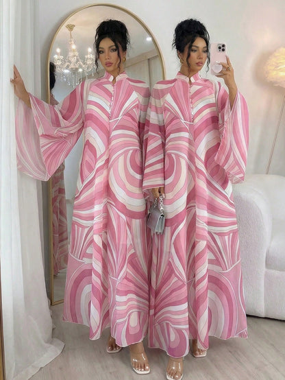 Rafferiza Women's Pink And White Summer Boho Holiday Tea Party Maxi Dress,Chiffon Geometric&Wavy Pattern Kaftan,Loose Mandarin Collar Flare Sleeve A-Line Saree