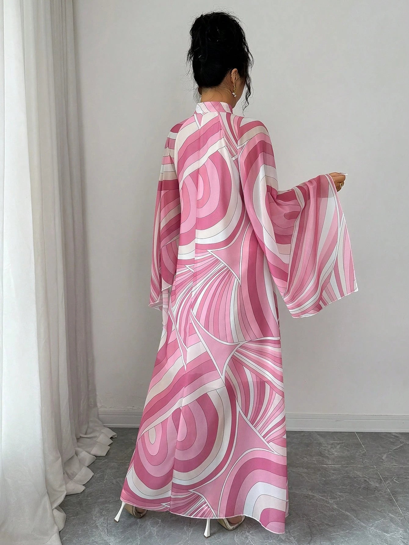 Rafferiza Women's Pink And White Summer Boho Holiday Tea Party Maxi Dress,Chiffon Geometric&Wavy Pattern Kaftan,Loose Mandarin Collar Flare Sleeve A-Line Saree