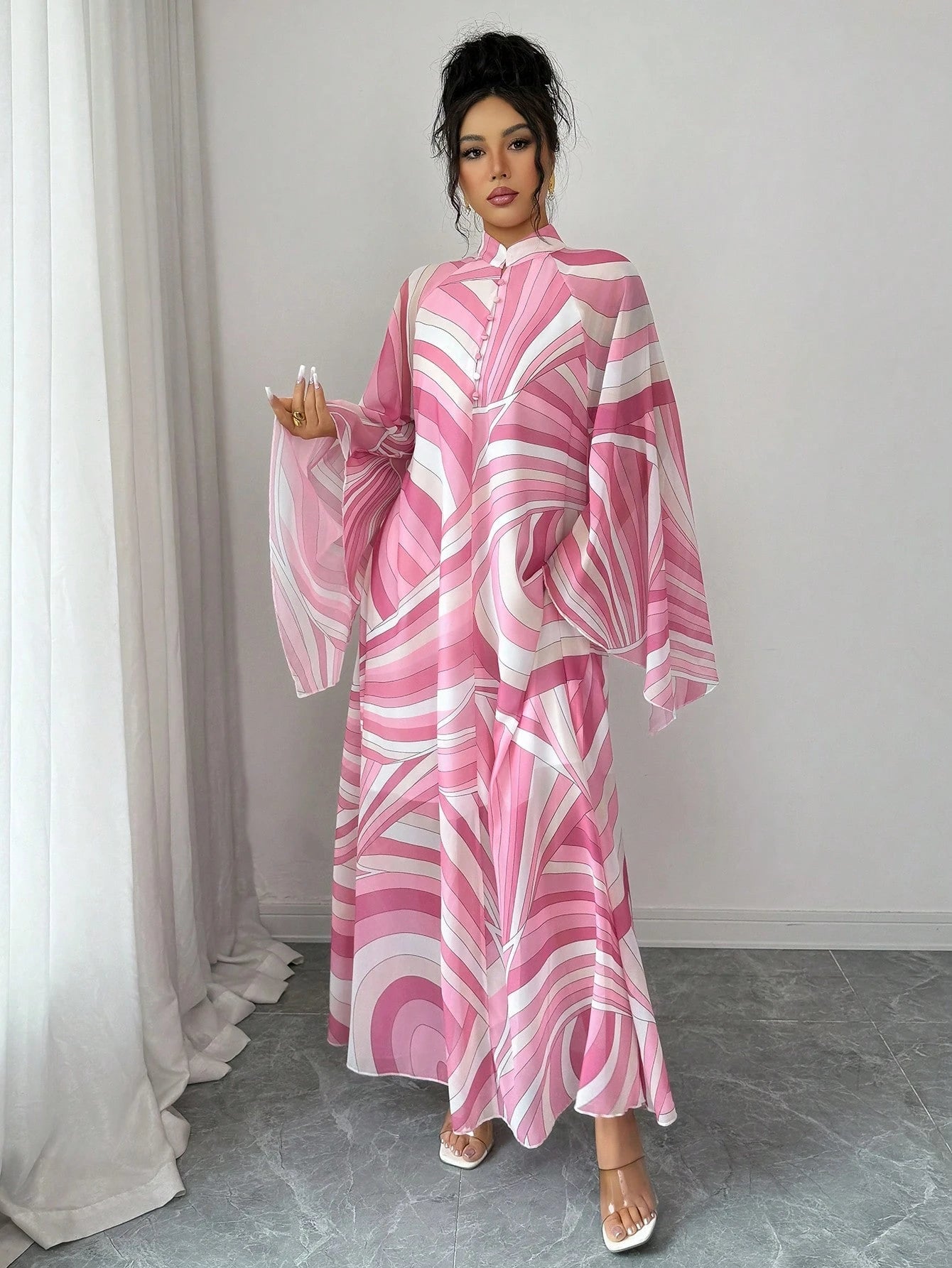 Rafferiza Women's Pink And White Summer Boho Holiday Tea Party Maxi Dress,Chiffon Geometric&Wavy Pattern Kaftan,Loose Mandarin Collar Flare Sleeve A-Line Saree