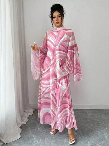 Rafferiza Women's Pink And White Summer Boho Holiday Tea Party Maxi Dress,Chiffon Geometric&Wavy Pattern Kaftan,Loose Mandarin Collar Flare Sleeve A-Line Saree
