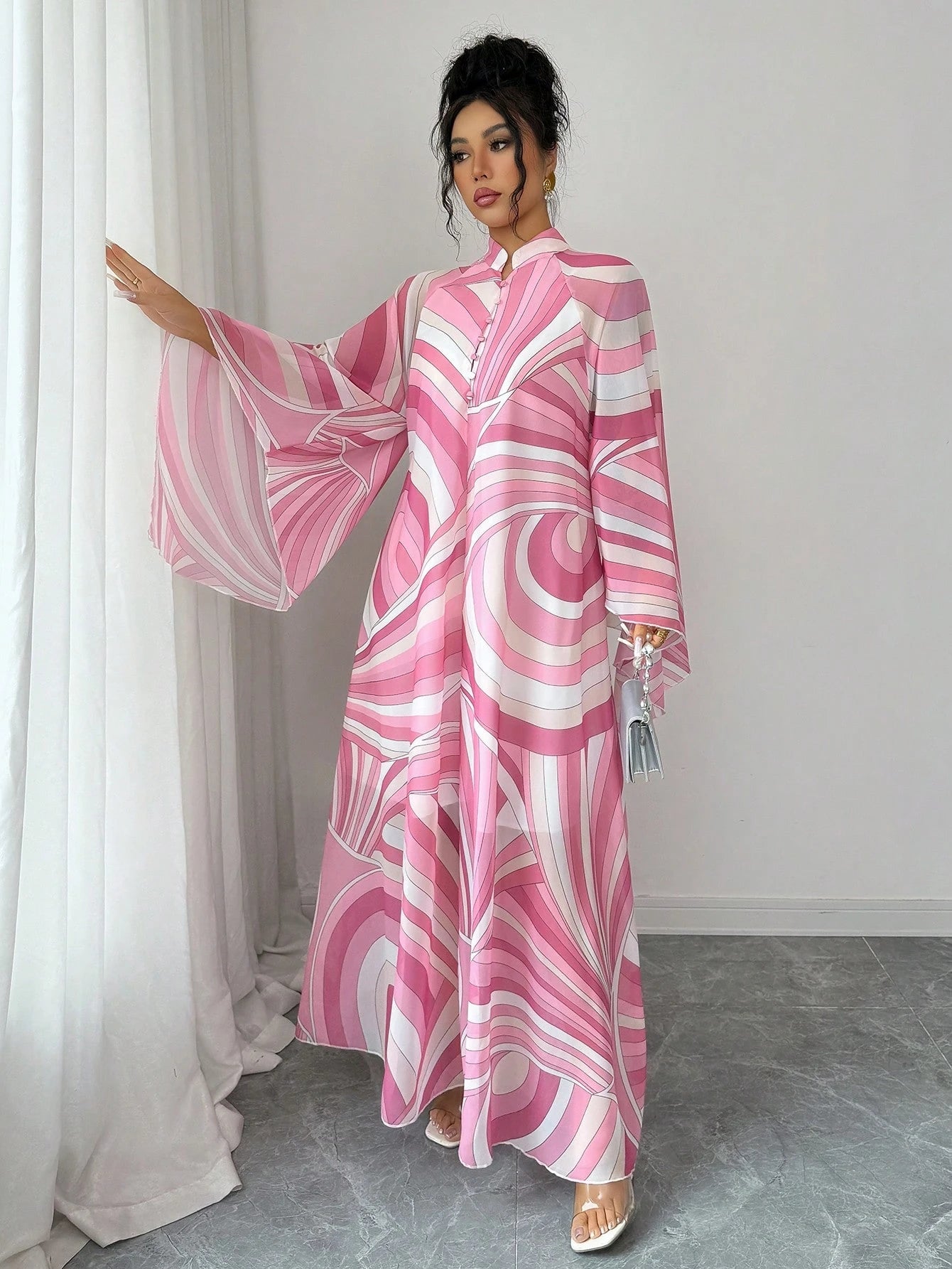 Rafferiza Women's Pink And White Summer Boho Holiday Tea Party Maxi Dress,Chiffon Geometric&Wavy Pattern Kaftan,Loose Mandarin Collar Flare Sleeve A-Line Saree