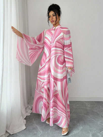 Rafferiza Women's Pink And White Summer Boho Holiday Tea Party Maxi Dress,Chiffon Geometric&Wavy Pattern Kaftan,Loose Mandarin Collar Flare Sleeve A-Line Saree
