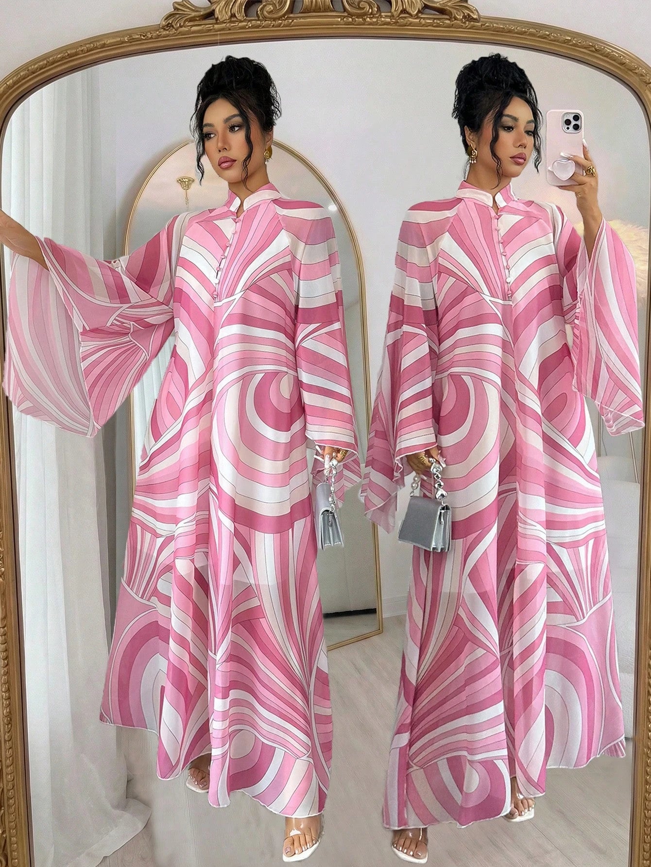 Rafferiza Women's Pink And White Summer Boho Holiday Tea Party Maxi Dress,Chiffon Geometric&Wavy Pattern Kaftan,Loose Mandarin Collar Flare Sleeve A-Line Saree