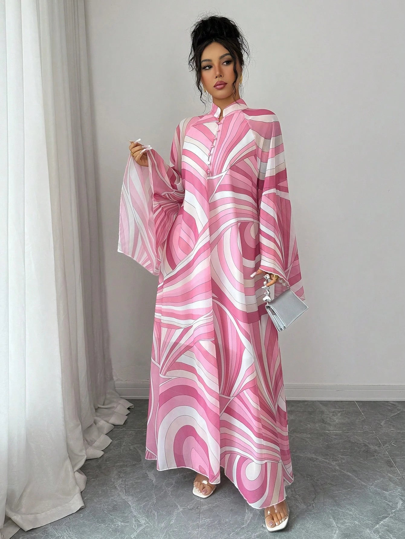 Rafferiza Women's Pink And White Summer Boho Holiday Tea Party Maxi Dress,Chiffon Geometric&Wavy Pattern Kaftan,Loose Mandarin Collar Flare Sleeve A-Line Saree