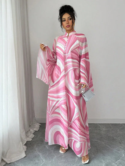 Rafferiza Women's Pink And White Summer Boho Holiday Tea Party Maxi Dress,Chiffon Geometric&Wavy Pattern Kaftan,Loose Mandarin Collar Flare Sleeve A-Line Saree