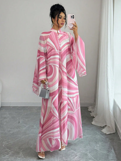 Rafferiza Women's Pink And White Summer Boho Holiday Tea Party Maxi Dress,Chiffon Geometric&Wavy Pattern Kaftan,Loose Mandarin Collar Flare Sleeve A-Line Saree