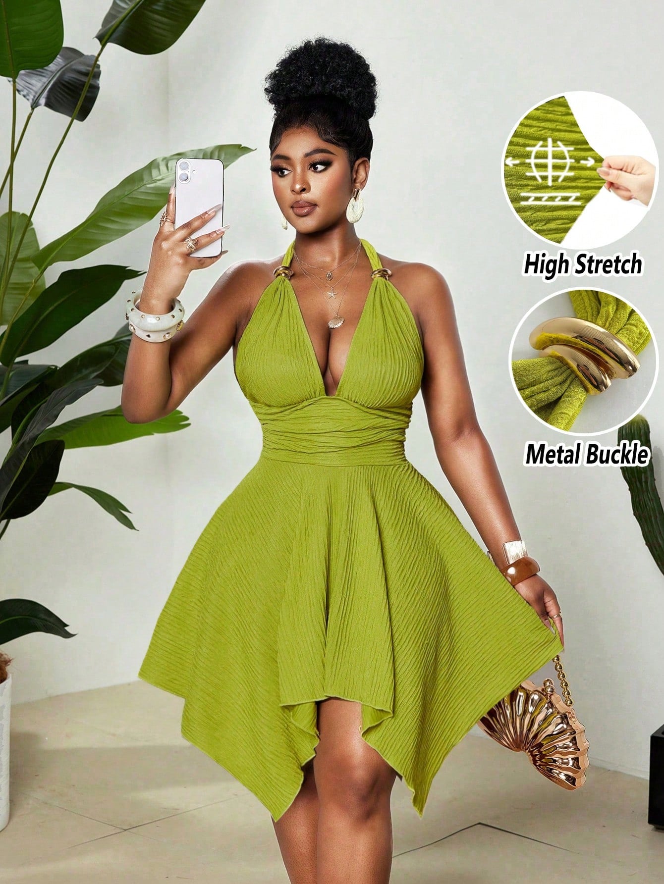 Raffinéa Women's 70s Elegant Olive Green Halter Neck Dress,High Stretch Jacquard Knit Backless Summer Party Outfits,Metal Button,Bow Tie,Asymmetric Hem Prom