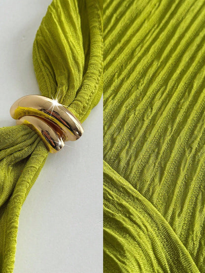 Raffinéa Women's 70s Elegant Olive Green Halter Neck Dress,High Stretch Jacquard Knit Backless Summer Party Outfits,Metal Button,Bow Tie,Asymmetric Hem Prom